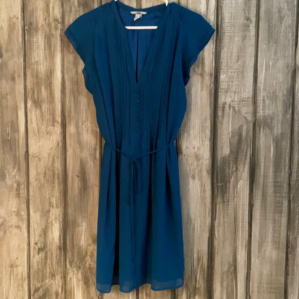 H&M size 14 blue dress no stretch button front tie waist